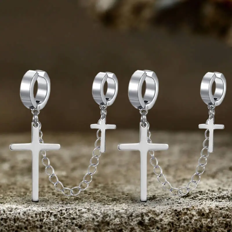 GTHIC Simple Punk Cross Tassel Stainless Steel Drop Ear Clips Minimalist Jewelry for Men Women Daily Wear