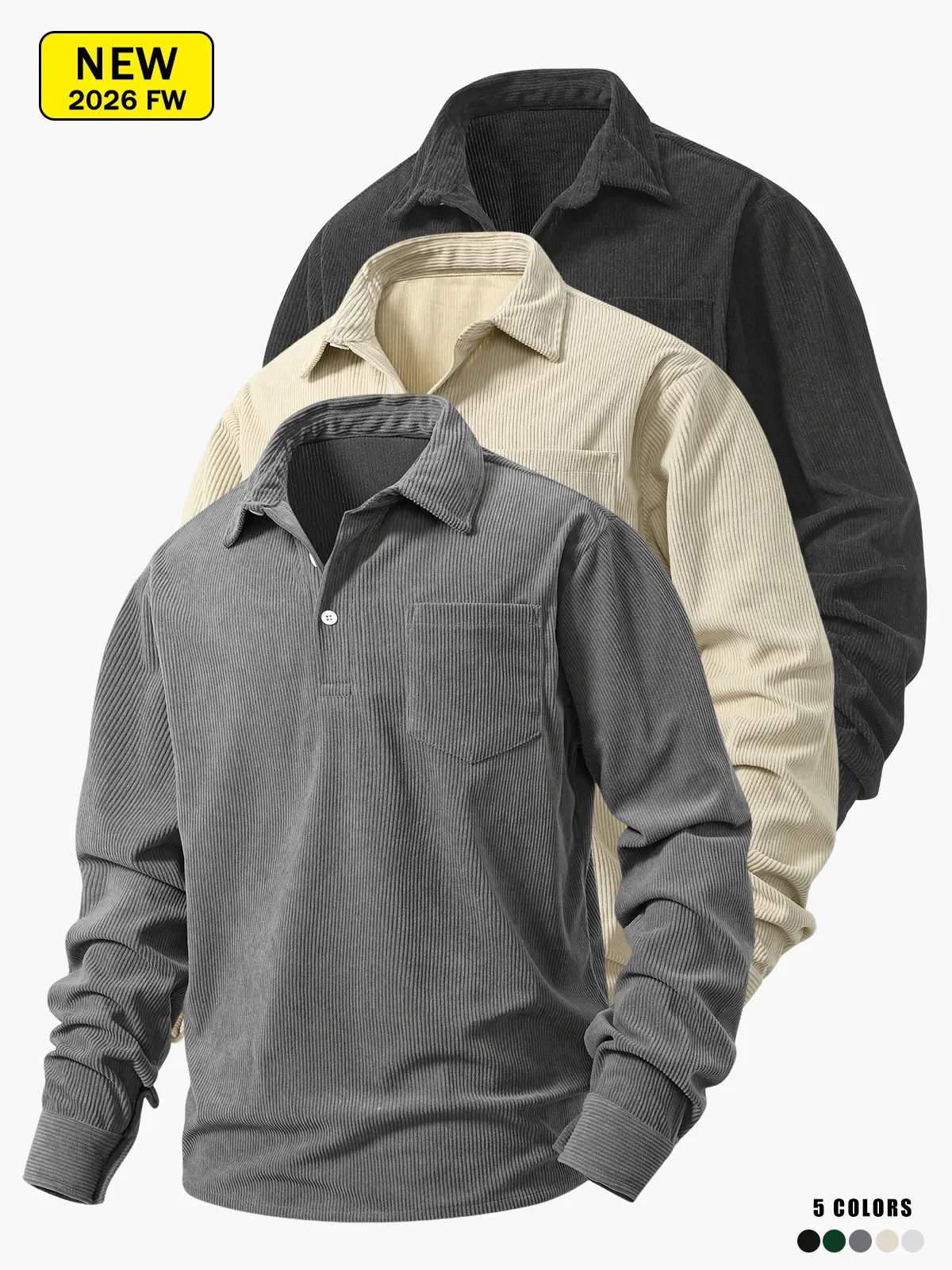 Vintage Workwear Corduroy Polo Long Sleeve Shirt, Men Half Placket Collared Pullover with Chest Pocket Loose Fit Casual Daily Streetwear Top