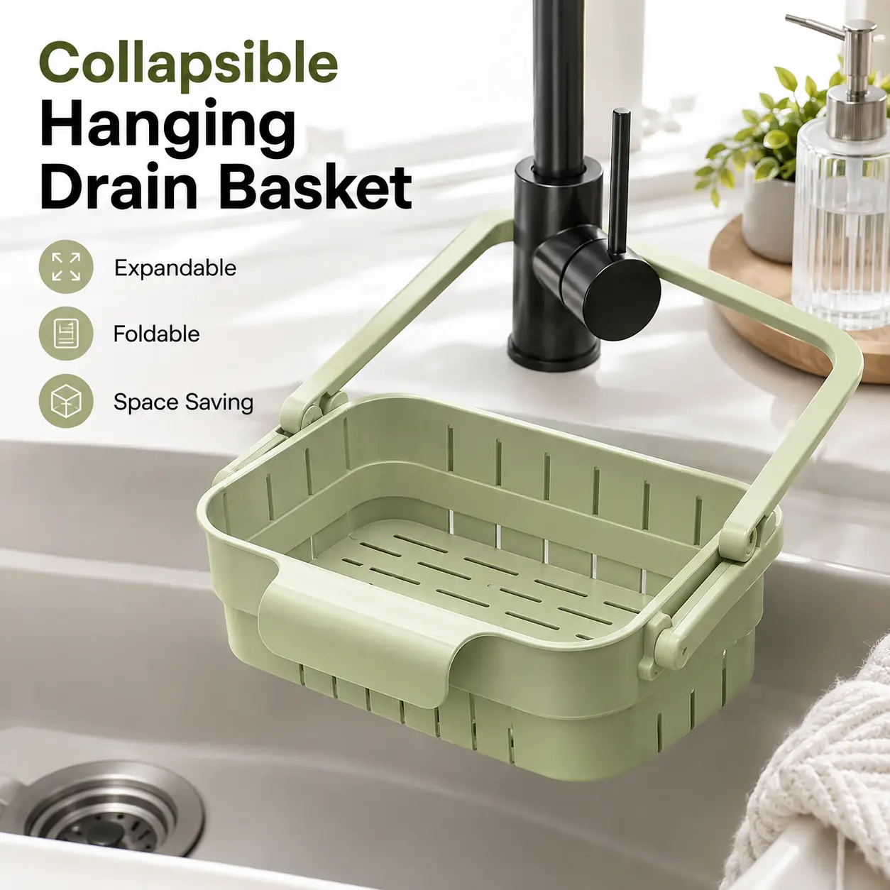 Collapsible Hanging Drain Basket - Expandable Foldable Space Saving Kitchen Sink Organizer for Dishes and Produce