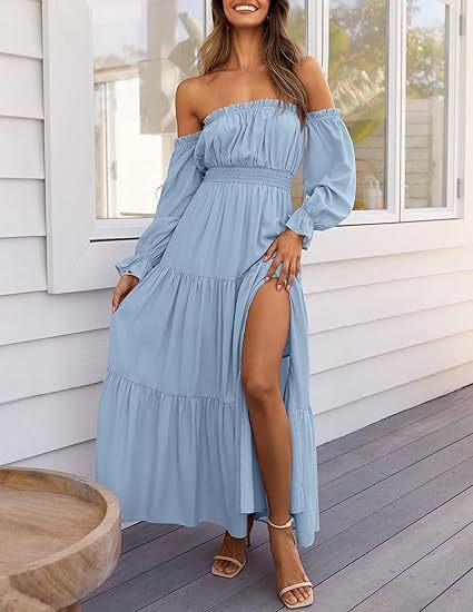 Women's Off The Shoulder Maxi Dress Puff Long Sleeve Ruffle High Slit Boho Flowy Tiered Long Dresses for Summer Party Beach Women's Off The Shoulder Maxi Dress Puff Long Sleeve Ruffle High Slit Boho Flowy Tiered Long Dresses for Summer Party Beach