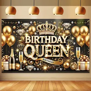 Birthday Queen Theme Party Backdrop, 1 Count Crown & Balloon Pattern Birthday Party Decoration Backdrop, Wall Decoration for Home Party, Happy Birthday Decorations, Party Decorations Banners, Banners, Shimmer Wall Backdrop