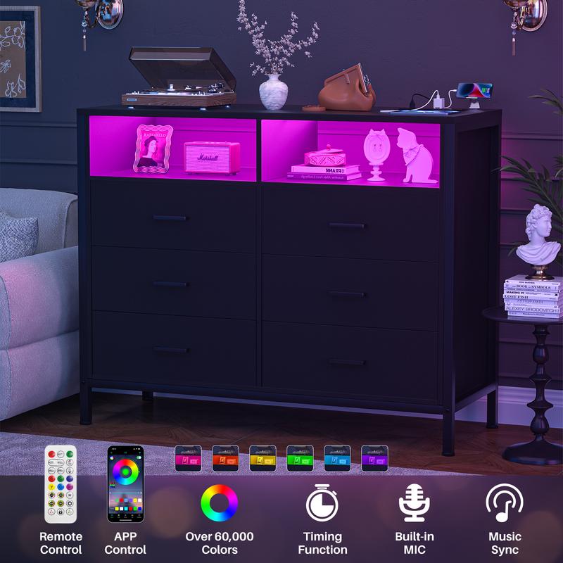 Homieasy Black Dresser for Bedroom, 6 Drawer Dresser with LED Lights and Outlet, Dresser TV Stand for Living Room, Hallway, Entryway dresser for baby wood dresser