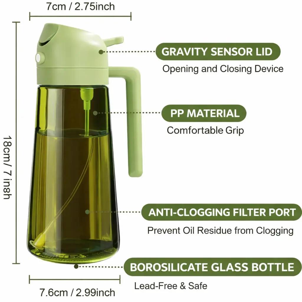 [2PCS]Stop Pouring Too Much Oil! 2-in-1 Oil Dispenser & Oil Sprayer, 16oz / 470ml Olive Oil Bottle with Fine Mist Nozzle, Oil Spray Bottle for Cooking, Air Fryer & Salad (Black & Green)