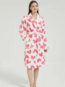 Women's Pink Heart Print Fleece Long Sleeve Bathrobe, Thickened Warm Casual Sleepwear for Autumn Winter, Cozy Home Loungewear Robe Womenswear