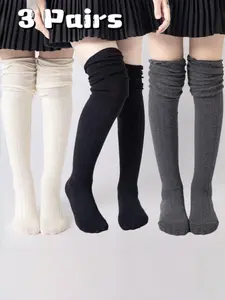 3 Pairs Girls' High-Cut Over-The-Knee Socks, All-Season Casual Slim-Fit Student Socks, Cute Textured Socks, Sweet and Versatile Gift for Holidays, Casual Stylish Socks