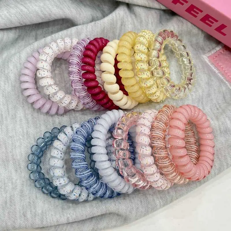 Telephone Cord Hair Ties, Cute Solid & Confetti Print Spiral Hair Coils, Thick Stretchy No Crease Ponytail Holders, Durable Waterproof Hair Accessories For Women Daily & Travel Hairstyle