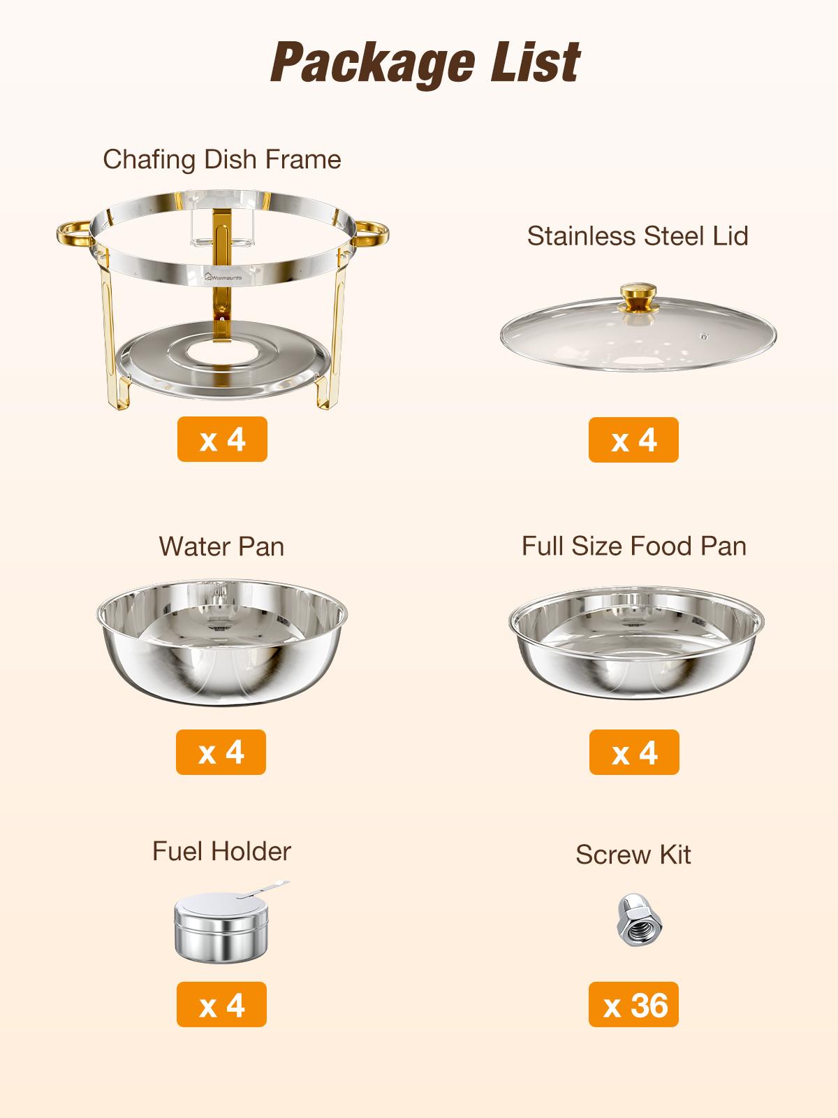 WARMOUNTS 8QT Gold Chafing Dishes for Buffet with Glass Lid , Round Chafers and Buffet Warmers Set with Mirror-Polished Stainless Steel, Rolled Rim, Stackable, Lid Holder for Parties, Weddings, Easter, Gatherings (2/4 Pack）