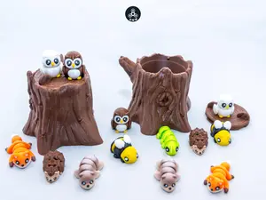 Forest Buddies Mini Forest Friends with Stump Container - 7 Figurines (Bee, Bear, Catepillar, Hedgehog, White Owl, Brown Owl, Fox) in 1 to 1.5 Inches Collectible Room Decor Statue Bobblehead