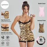 LUMENNEST (US/CN) Women's Abstract Tiger Animal Print Thin-Strap Lace Trim Soft Nylon Shapewear Playsuit - Basic Underwear for Women, Sleeveless Stretch Compression, Breathable Minimalist Curvy-Fit Sport Wear,sohochic