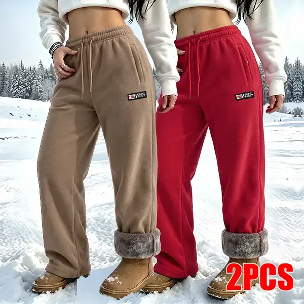 2-Pack Women’s Fleece-Lined Wide-Leg Sweatpants, High-Waisted Drawstring Warm Winter Pants, Casual Loose Trousers with Pockets for Everyday Outdoor Wear