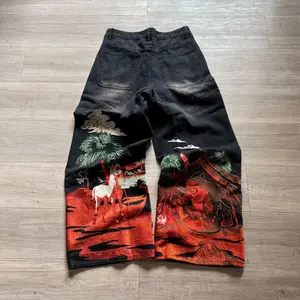 Samurai Landscape Baggy Jeans – Y2K Japanese Streetwear Wide Leg Denim Vintage Graphic Aesthetic Skater Pants