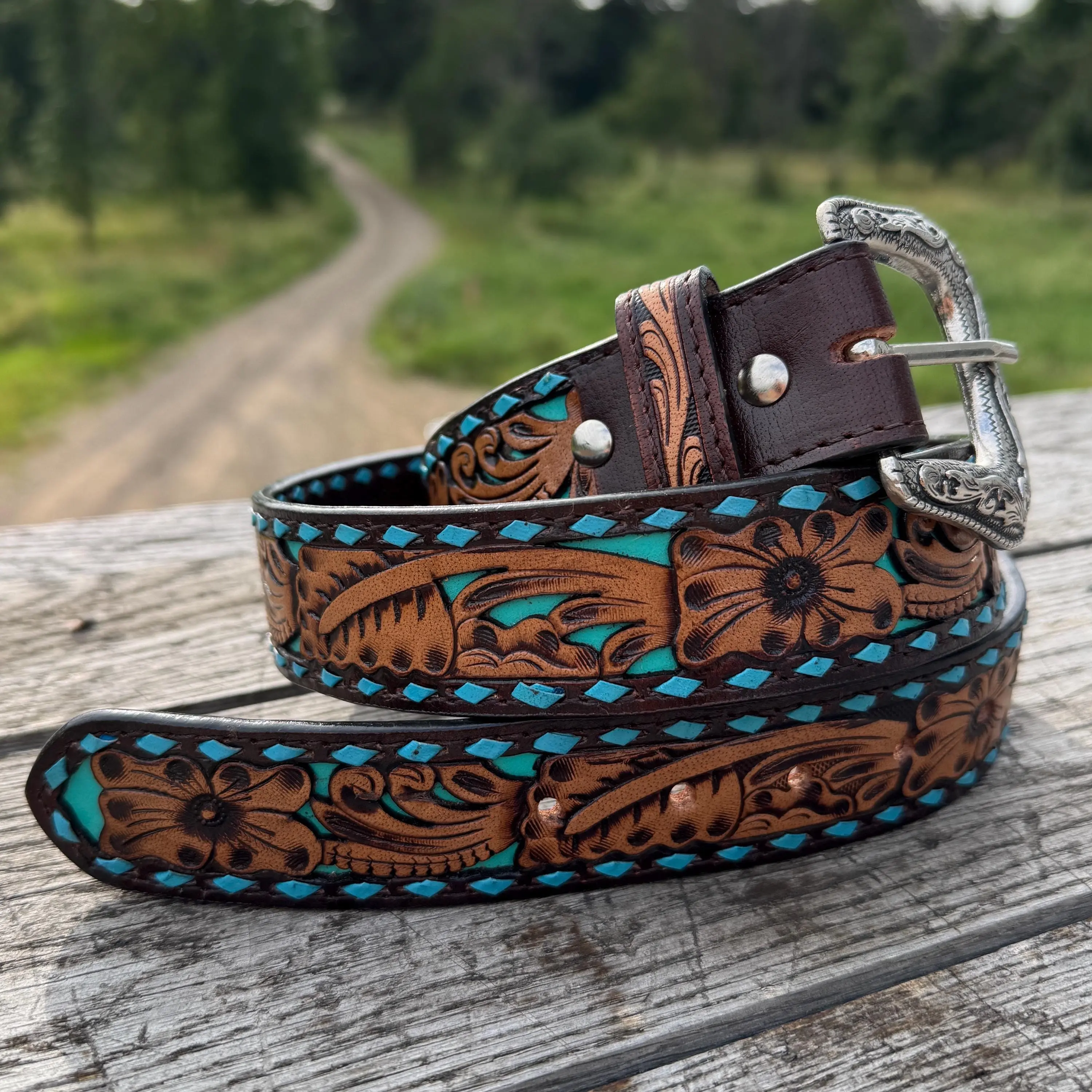 Double B Tooled Leather Western Belt – Buckstitch Detail