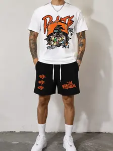 Men's Grey T-Shirt & Shorts Set, Dollar Sign & Graffiti Print Y2K Hip Hop Streetwear 2PC Casual T-Shirt And Drawstring Waist Shorts Set Y2K Style Fashion Pattern Oversized Casual Streetwear Outfit, Summer Daily Wear