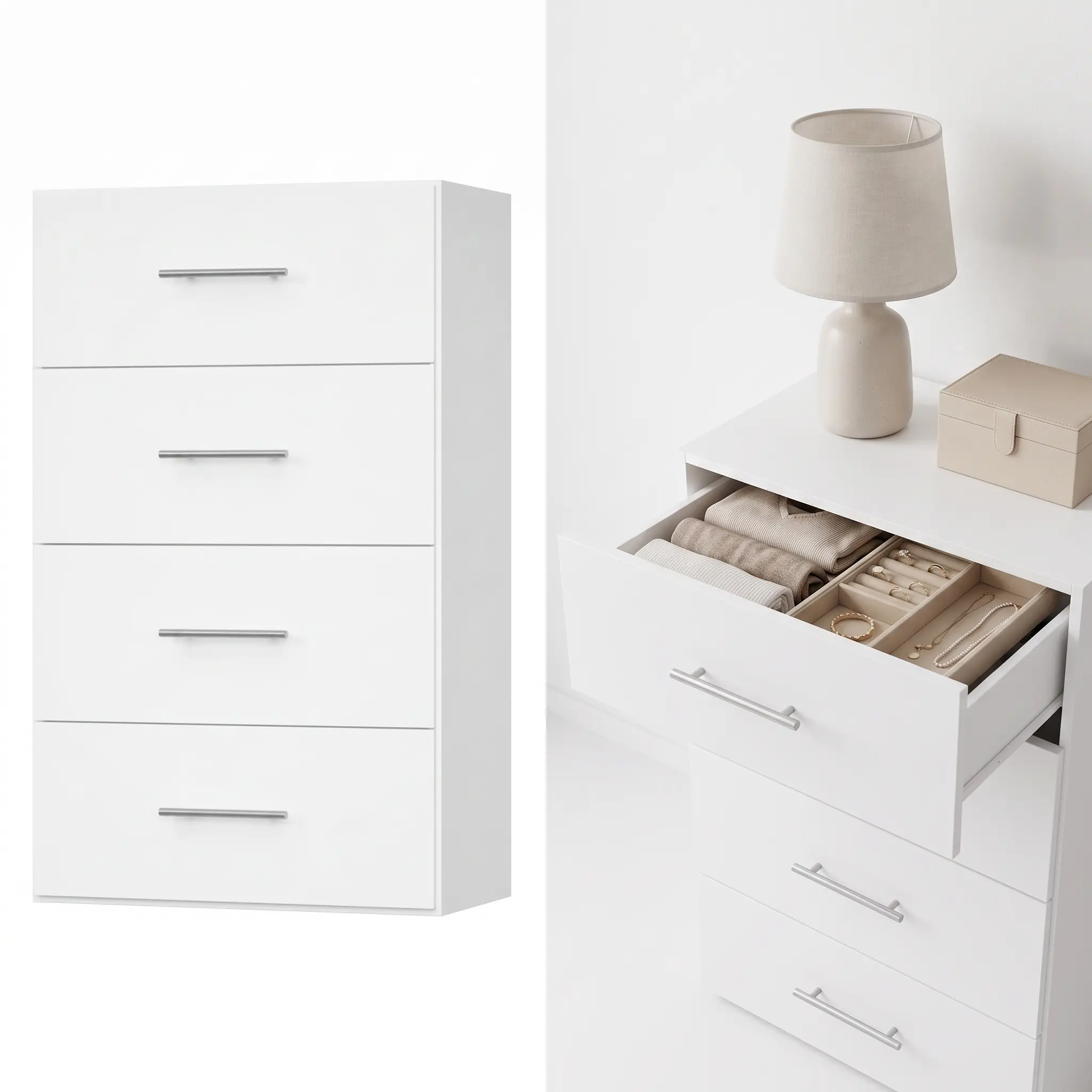 White Wall-Mounted Wood Closet System Tower - 19.5", 25.5'', 31.5''with 4 Drawers, Bedroom Furniture Chest of Drawers