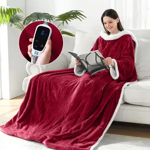 Electric Blanket Wearable with Foot Pocket, Electric Snuggle Blanket with Sleeves, Flannel & Sherpa Heating Throw with 6 Heat Settings & 2-10 Hours Auto Shut Off, 50 * 70"+18", Red