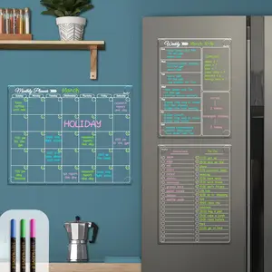 Non-Magnetic Dry Erase Clear Calendar Set for Fridge - Transparent Monthly, Weekly Calendar and List Board, Sticks to Wall, Glass, Door and Any Smooth Surfaces