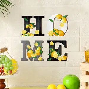 Lemon Theme Wooden Wall Decor Set, Artistic Fresh Farmhouse Style Home Decoration, Living Room Bedroom Kitchen Art, DIY Adhesive, Leaf Art