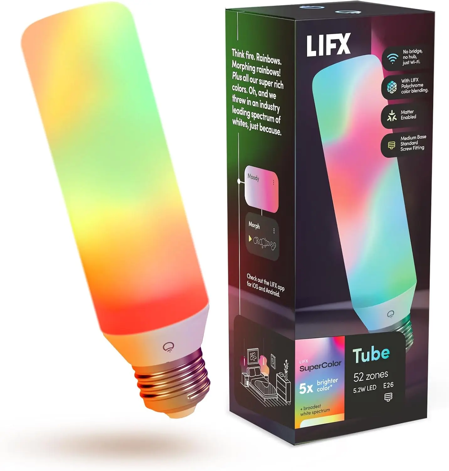 LIFX T10 Smart LED Bulb - Color Changing RGB Tunable White, Matter - E26 | Compatible with Alexa, Apple Homekit, WiFi 2.4GHz, Multicolor 52 zones, flame, for chandeliers, exposed fixtures, & lamps