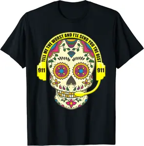 Sugar Skull With 911 Dispatcher Inscription Head Phone Set T-Shirt - Victoriaj Shop 61B0BN4TG36V