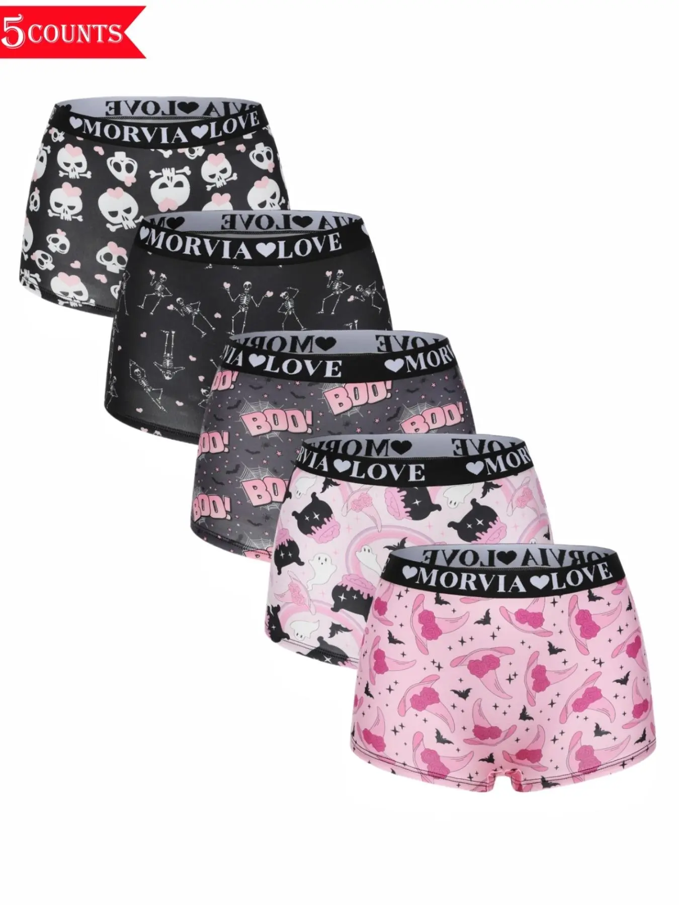 Morvia 5/10pcs Women's  Printed Boyshorts Knicker Set, Elastic Comfortable Home Wear, Casual Comfy Panty, Casual All-Season Underwear, Random Pattern Design