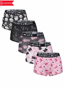 Morvia 5/10pcs Women's  Printed Boyshorts Set, Elastic Comfortable Home Wear, Casual All-Season Underwear, Random Pattern Design