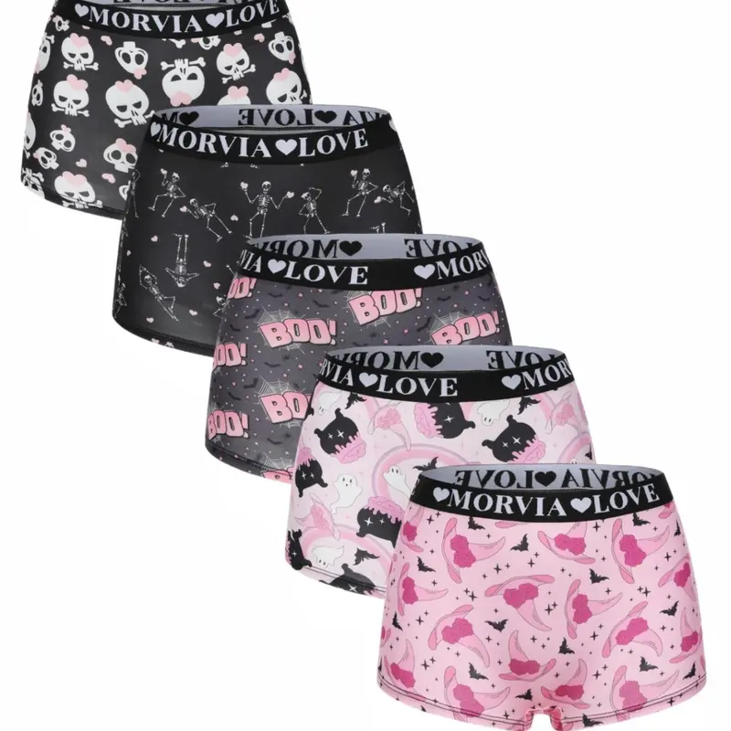 5/10 Pcs Morvia Printed Women's Boyshorts, Elastic Comfortable Home Wear, Casual Fitted Briefs, All Seasons, Random Print Pattern