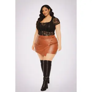 Plus Size Ena Vegan Leather Skort- Brown