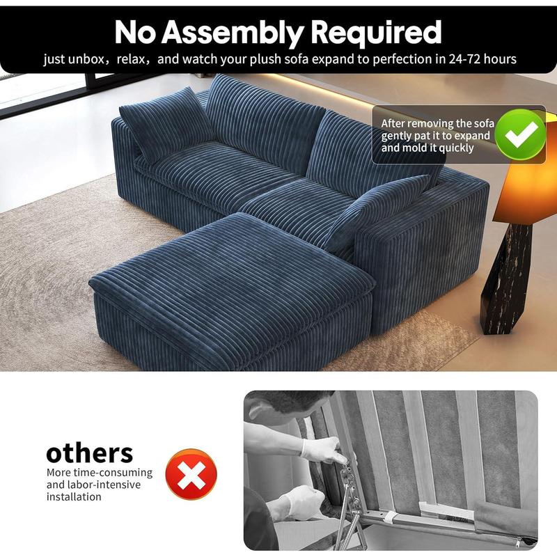 ARCH 78.74" L Shaped Modern Sofa Modular Sectional Cloud Couch with Ottoman,Upholstered Couches with Plush Corduroy Fabric for Living Room Furniture,Bedroom and Apartment,No Assembly Required,Blue