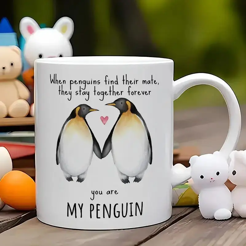 1pc 11 Oz Ceramic Penguin Pattern Coffee Mug - C-Handle, Full Print Design, Drinkware Ideal Gift for Couples, Washable for Coffee, Tea