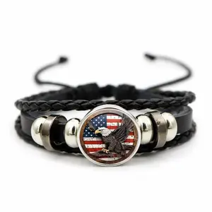 American Eagle Leather Bracelet for Men Women, USA Flag Braided Wrap Bracelet, Adjustable Patriotic Jewelry