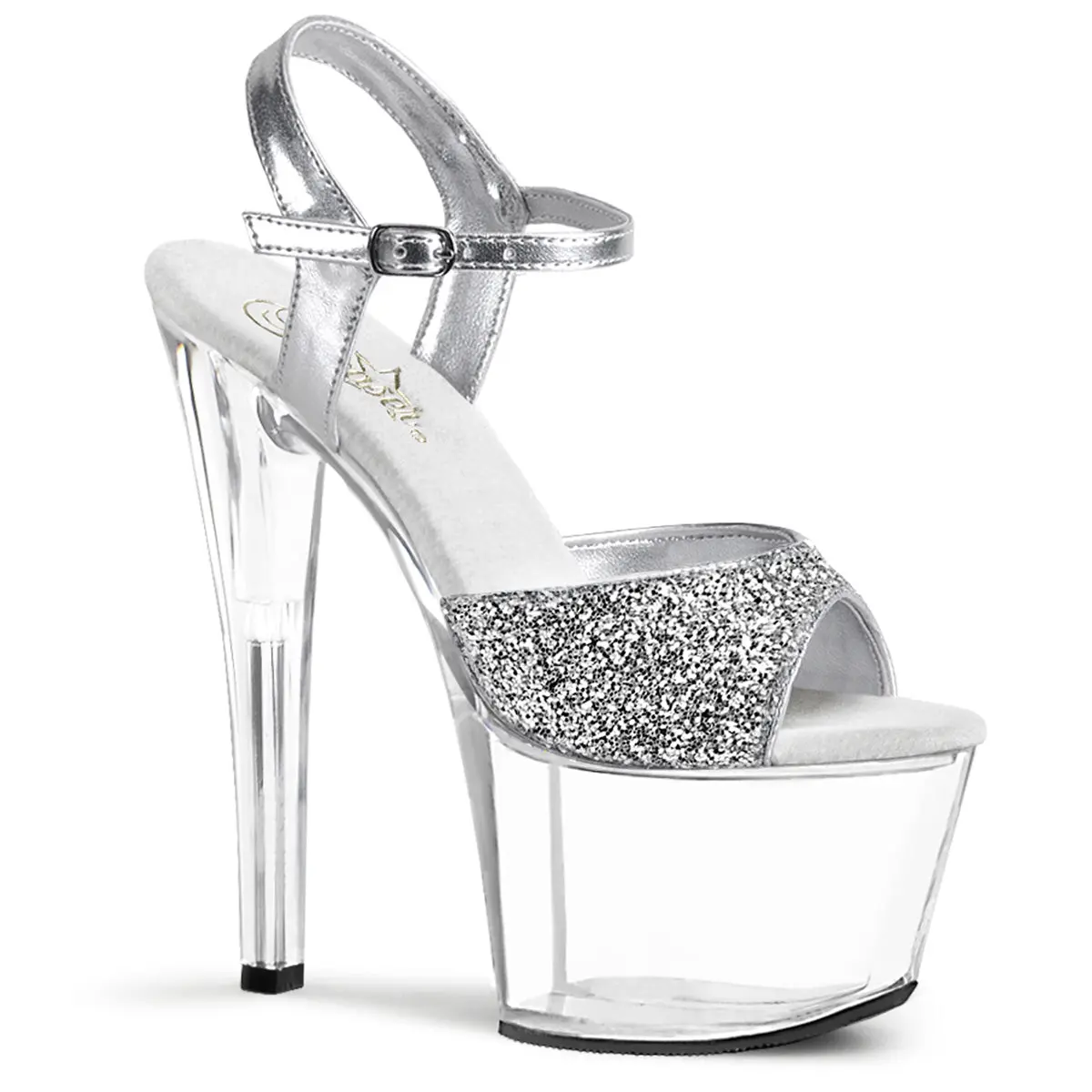 Pleaser Women's Sky-310 Ankle Strap High Heel Shoes, Silver Glitter Sparkle Open Toe with 7" Heel & Embellished Platform