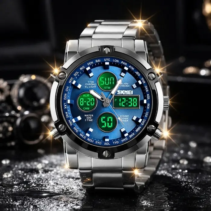 SKMEI Men's Watch, Analog Digital Dual Display with 3 Time Zone, Stopwatch and Countdown Timer, Stainless Steel Band, Large 48mm Dial, EL Backlight, Daily Splash Resistant, Sport Business Style for Work and Travel