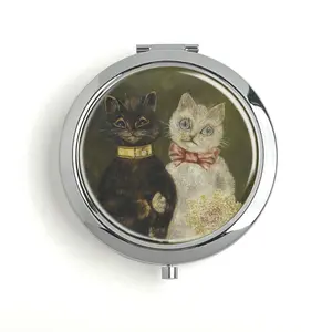 Vintage Cat Bride and Groom Metal Pill Box Travel Pill Box Vitamin Organizer Built-in Makeup Mirror Unique Design Inner Diameter 60mm