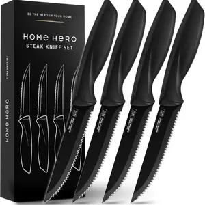 Sharp Steak Knives Set, High-Carbon Stainless Steel Steak Knife Set, Ergonomic Handles Serrated Steak Knives (4 Pcs - Black)