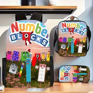 3Pcs Numberblocks Print Backpack Set Durable 600D Oxford Cloth School Bag Insulated Lunch Box & Pencil Case Combo Adjustable Breathable Strap Large Capacity Fits 15in Laptop for Kids Teens School Travel Outdoor Use