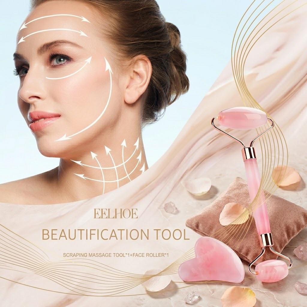 Rose Quartz Facial Roller & Gua Sha Set | Cooling Massage Tools for Glowing Skin & Self-Care Ritual