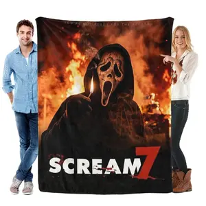 Scream -7 Fiery Ghostface Flannel Blanket Iconic Burned Ghostface Mask Print Ultra Soft Cozy Throw for Horror Fans Bedroom Decor Gifting
