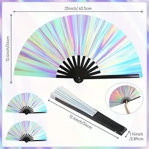 Holographic Silver Rave Fan - Large Folding Clack Fan for Men and Women - Rave Accessories for EDM, Line Dancing, Cosplay, Concerts ,Club, Party, Dance, Decoration