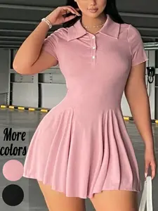 Plus-Size Polo Collar Short Sleeve Flared Skort Dress, Casual Active Style, Sporty Chic Dress, Athletic Tennis Dress, Stretchy Fabric & Button Front Detail, Perfect for Tennis, Golf, Brunch & Daily Errands