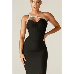 Diva Rhinestone Bandage Dress - Black | Elegant Sleeveless Mini Dress with Crystal Rope Trim & Underwired Design - Stretchy Shapewear Fit - Feminine Party Outfit - Perfect for Cocktail, Evening & Formal Wear - Womenswear Fashion