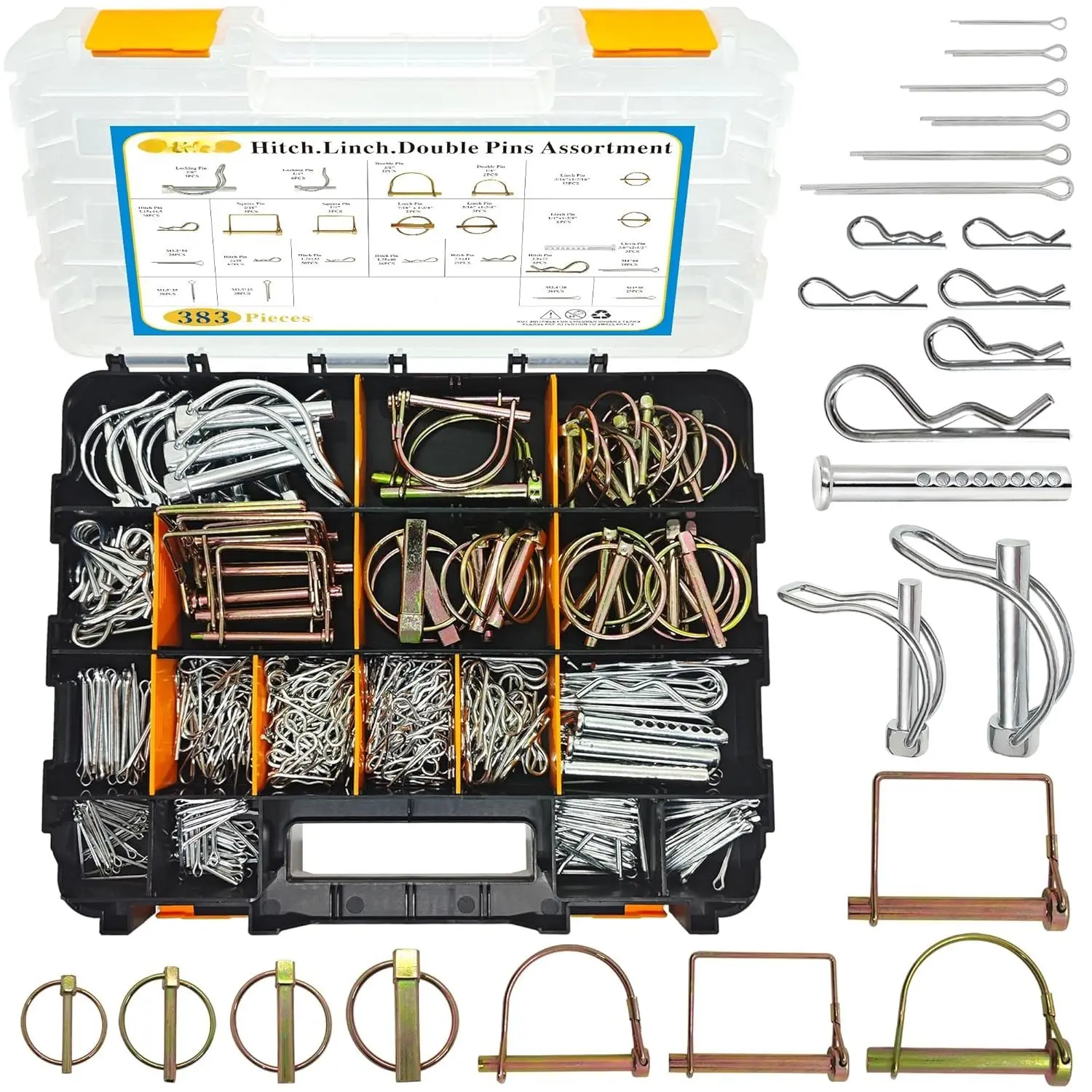 383 count Heavy Duty Pin Assortment Kit, Hitch Pins R Clip PIns/Hair Pins/Lynch Pins /PTO Pins/Clevis Pins/Cotter Pins for    Mowers 3 Point Accessories, Farm,Lawn and Garden