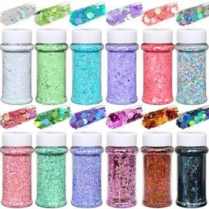 Chunky Glitter 12colors Holographic Bulk Glitter for Body, Face, Nails,Hair, Iridescent Craft Glitter for Resin, Tumblers, Painting, Epoxy, Jewelry DIY Projects and Holiday Art