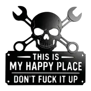 "This Is My Happy Place" Metal Wall Art Sign,Skull Garden Welcome Door Plaque,Vintage Rustic Outdoor Patio Hanging Decor,Humorous Farmhouse Gift for Home Yard Entrance