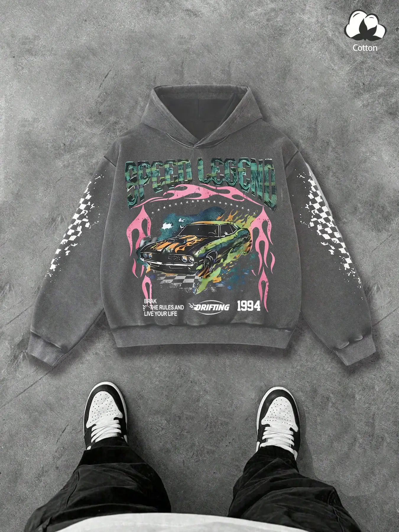 Unisex Streetwear Vintage Racing Culture Hoodie, SPEED LEGEND Vintage Washed Checkered Graphic Flame Print Cotton Hooded Sweatshirt Cotton Sweatshirt, Long Casual Style, Y2K Fashion, Sleeves