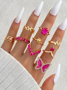 Butterfly Diamond Ring Set 9 Pieces, Stackable Rings Metal Fashion Jewelry, Elegant Lady Gift for Holidays, Stylish Accessories