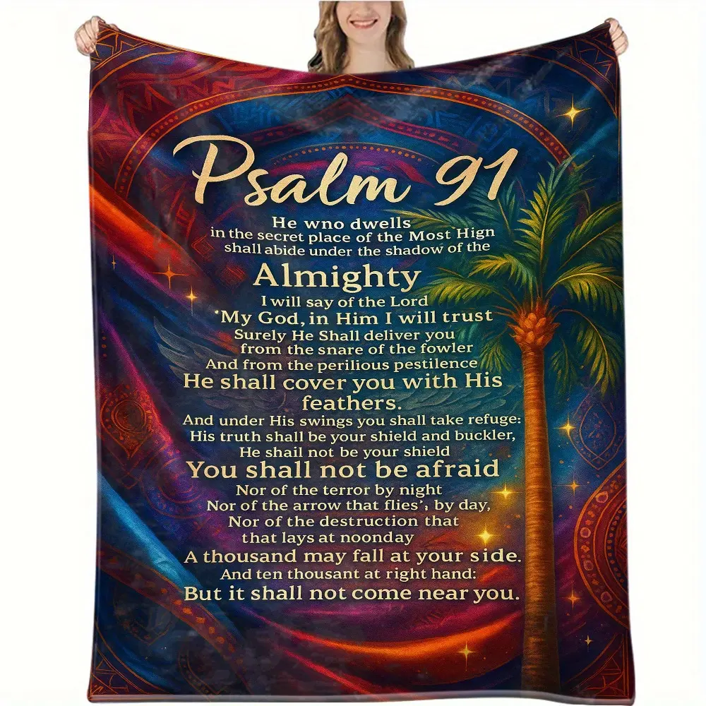 1pc Psalm 91 Scripture Blanket- Hebrew Bible Religious Shawl with Psalm 91 Scripture, Soft Flannel Suitable for All Seasons, Suitable for Bed, Sofa and Prayer, Gift, Psalm 91 Book,Hippie,Galaxy,Space Tapestry,UV,Reac,Western,Gallop,decorative,wal,boh,Boho