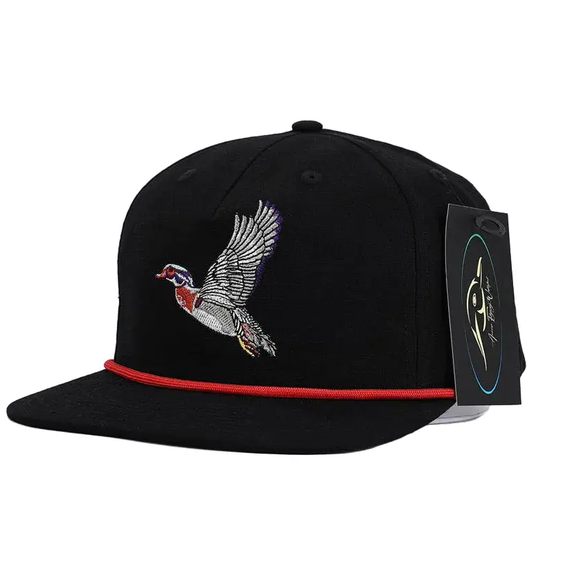 Adjustable Baseball Cap for Waterfowl Hunters - Wood Duck Flying Design, Ripstop Fabric, Black Snapback, Cotton Sweatband, Flat Visor, 5-Panel Rope Hat, 1 Size Fits All, Pinch Crown, Red Rope, Durable Outdoor Accessory
