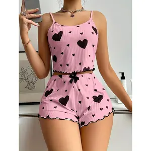 Summer New Women's Pajama Set Breathable Soft Casual Love Printed Design Sweet Home Strap Shorts Pajamas