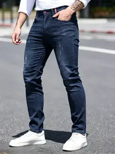 Men's Slim-Fit Stretch Distressed Ripped Washed Jeans, Comfortable Daily Wear, Street Style Denim Jeans, Button Fly Closure, All Seasons