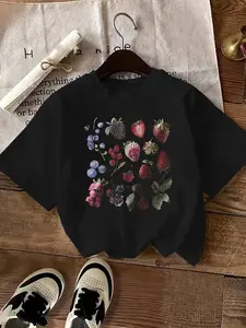 Plus Size Casual Crew Neck T-Shirt with Fruit & Vegetable Print, 100% Polyester, Knit Fabric with Slight Stretch, Short Sleeve, Summer Top for Women